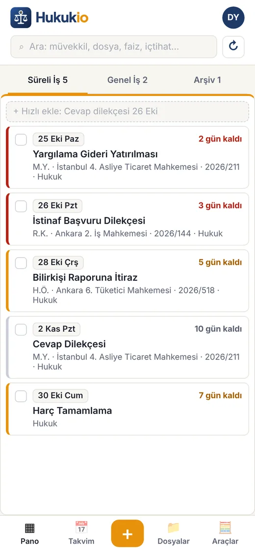 Hukukio telefonda: süreli işler, kalan günler ve alt menü